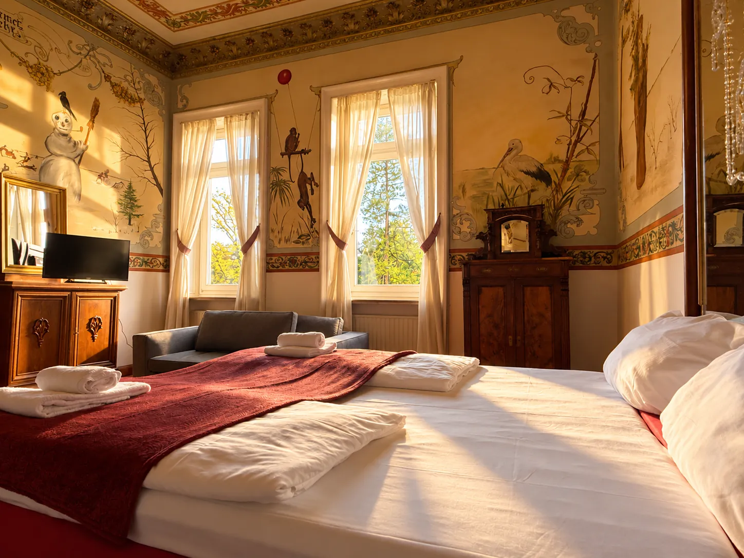 Bett mit rotem Überwurf, Fenster und Wandmalereien
